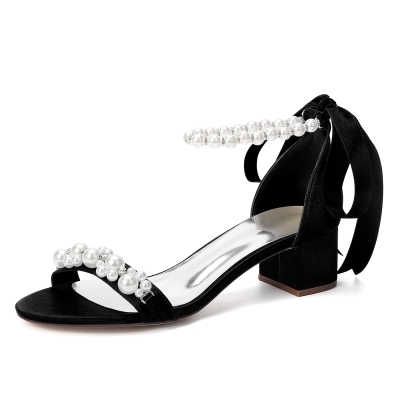 Black Pearl Ankle Strap Block Heel Sandals Satin Bow Wedding Sandals