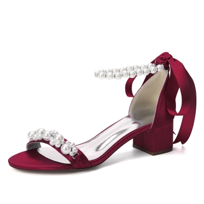 Burgundy Pearl Ankle Strap Block Heel Sandals Satin Bow Wedding Sandals