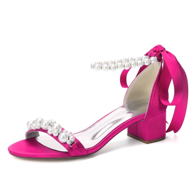 Magenta Pearl Ankle Strap Block Heel Sandals Satin Bow Wedding Sandals