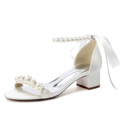 Ivory Pearl Ankle Strap Block Heel Sandals Satin Bow Wedding Sandals