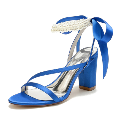Sandales à bride à la cheville en perles bleu royal, talons épais, chaussures de mariage avec nœud papillon au dos