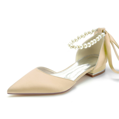 Champage Pearl Ankle Strap Satin Flats Bout pointu D'orsay Chaussures pour le travail