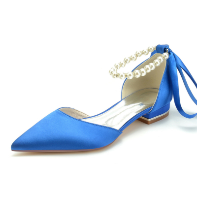 Chaussures d'orsay à bout pointu en satin avec bride à la cheville et perles bleu royal pour le travail