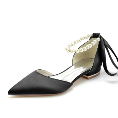 Black Pearl Ankle Strap Satin Flats Bout pointu Chaussures D'orsay pour le travail