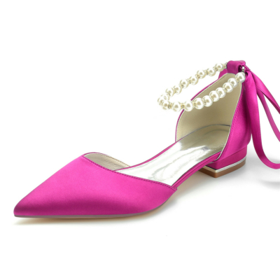 Chaussures d'Orsay à bout pointu en satin avec bride à la cheville et perles magenta pour le travail