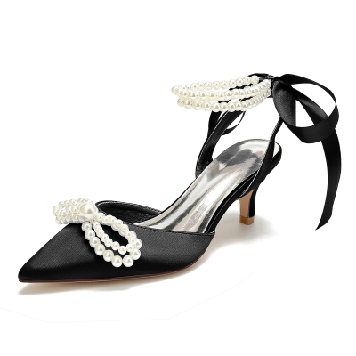 Black Pearl Bow Satin Pointed Toe Kitten Heel Strappy Slingback Sandals