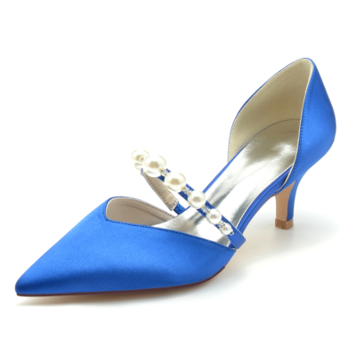 Chaussures à talons bas ornés de perles bleu royal d'orsay pour mariage