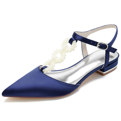 Chaussures plates en satin à dos nu ornées de perles bleu marine pour mariage