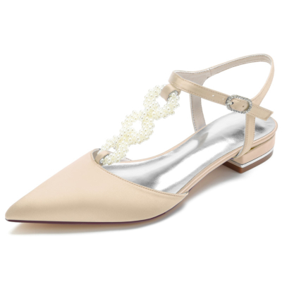 Champagne Pearl Embelli T-Strap Flats Backless Satin Flat Shoes pour mariage