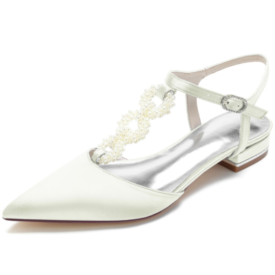 Chaussures plates en satin à dos nu ornées de perles ivoire pour mariage