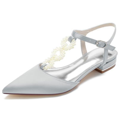 Chaussures plates en satin à dos nu ornées de perles grises pour mariage