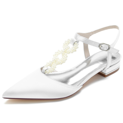 Chaussures plates en satin à dos nu ornées de perles blanches pour mariage