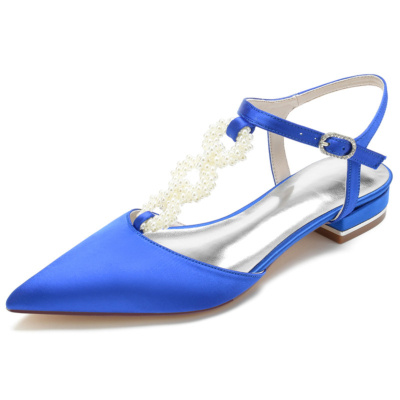 Chaussures Plates en Satin à dos nu Ornées de Perles Bleu Royal pour Mariage