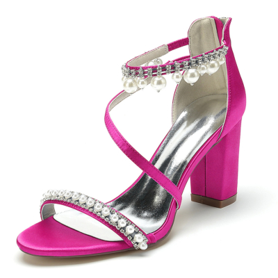 Magenta Pearl Embellissements Sandales Talons Chunky Cross Strap Satin Party Sandals Chaussures