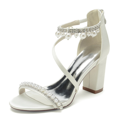 Sandales embellissements de perles beiges talons épais sandales de soirée en satin à bretelles croisées chaussures