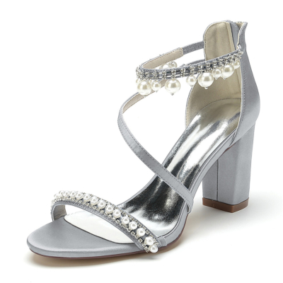 Sandales ornées de perles grises talons épais sandales de fête en satin à bretelles croisées chaussures