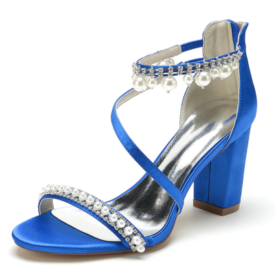 Sandales ornées de perles bleu royal talons épais sandales de fête en satin à bretelles croisées chaussures