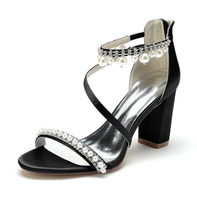Sandales ornées de perles noires Talons épais Sandales de soirée en satin à bretelles croisées Chaussures