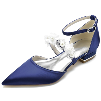 Chaussures plates à bride de fleurs de perles bleu marine Satin D'orsay Appartements de mariage de mariée