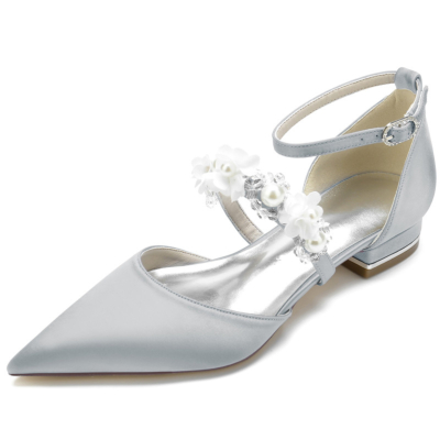 Gris perle fleurs sangle chaussures plates satin d'orsay appartements de mariage de mariée
