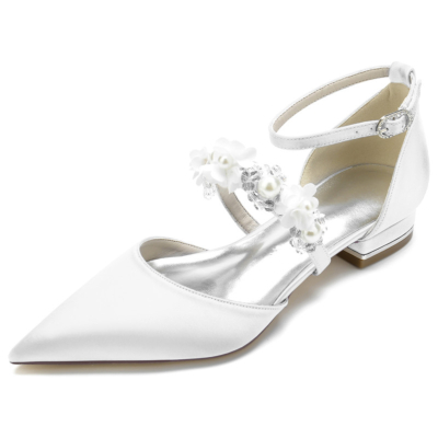 Perle Fleurs Sangle Chaussures Plates Satin D'orsay Mariée Mariage Appartements