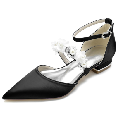 Chaussures plates à bride de fleurs en perles noires Satin D'orsay Appartements de mariage de mariée