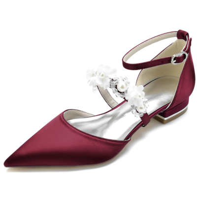 Chaussures Plates en Satin avec Brides en Perles et Couleur Bourgogne, style D'orsay, pour Mariage de la Mariée