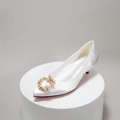 Escarpins Blanc Perles Décorés De Strass Chaussures De Mariage à Talon Bas