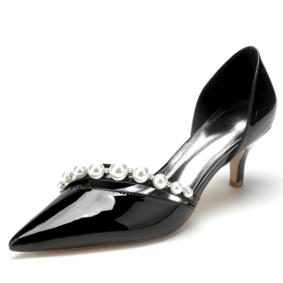 Black Pearl Strap V Vamp D'orsay Chaussures Habillées Chaton Talons Bas