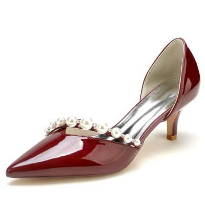 Chaussures habillées Bordeaux Pearl Strap V Vamp D'orsay Kitten Low Heels