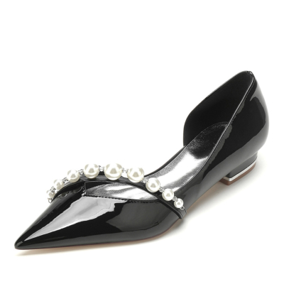 Chaussures plates de mariage D'orsay avec bracelet en perles noires, chaussures plates de mariée à bout pointu