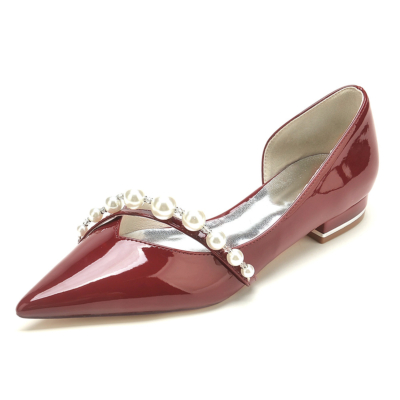 Chaussures plates de mariage D'orsay à bride de perles bordeaux Chaussures plates de mariée à bout pointu