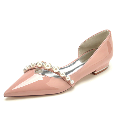 Chaussures plates de mariage D'orsay avec bracelet en perles roses, chaussures plates de mariée à bout pointu