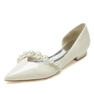 Chaussures plates de mariage D'orsay avec bracelet en perles beiges, chaussures plates de mariée à bout pointu