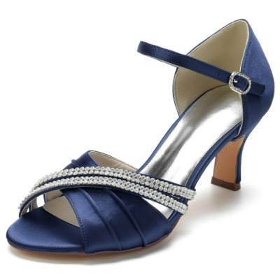 Sandales D'orsay à bride de cheville ornées à bout ouvert bleu marine avec talons blocs