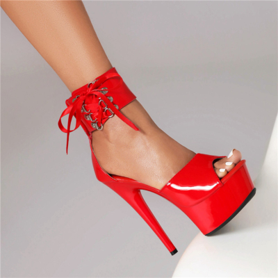 Sandales à lacets rouges à bout ouvert Sandales à talon aiguille Chaussures de danse