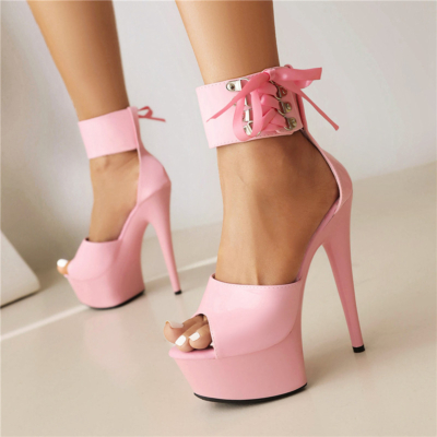 Sandales à lacets roses à bout ouvert Sandales à talon aiguille Chaussures de danse