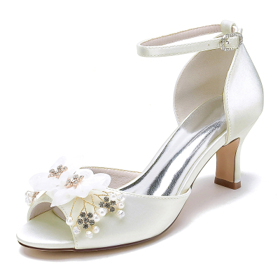 Ivory Peep Toe Mesh Flowers Kitten Heel Wedding Sandals Low Heel Bride's Shoes