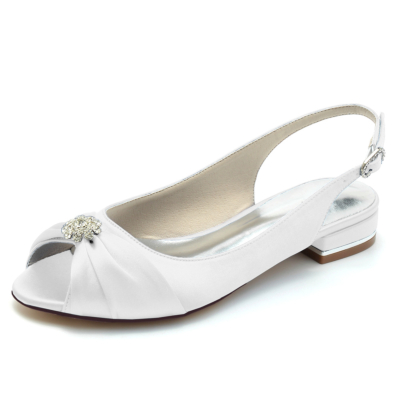 Chaussures de mariage plates à bride arrière en satin blanc peep toe strass