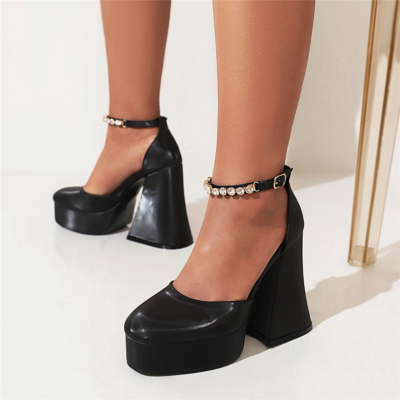 Escarpins noirs à talons épais et strass en satin avec bride à la cheville Chaussures D'orsay