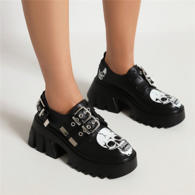 Mocassins à plateforme noirs mats Chunky Heel Buckle Double Strap Skull Print Chaussures gothiques