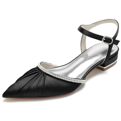 Noir Plisse Strass Flats Satin Ankle Strap Flat Women Chaussures pour la danse