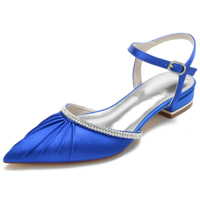 Bleu Royal Plisse Strass Appartements Satin Cheville Strap Plat Femmes Chaussures pour la Danse