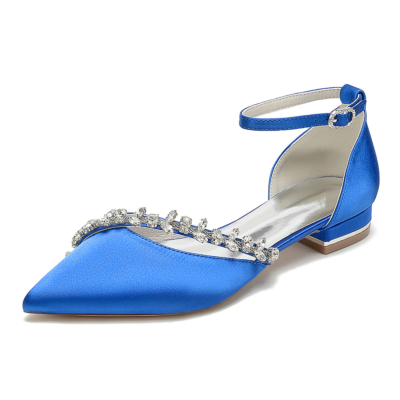 Chaussures de mariage bleu royal à bout pointu avec bride à la cheville et strass