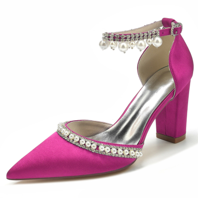 Magenta Bout Pointu Perle Strass Cheville Sangle Chunky Hee Pompes Chaussures De Mariage