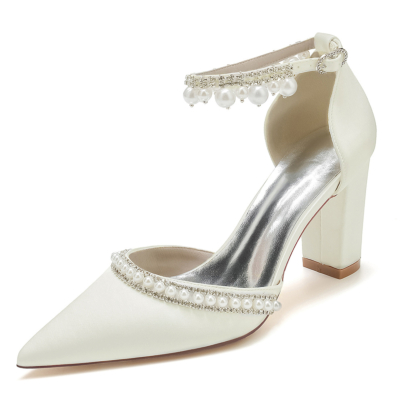 Blanc Ivoire Bout Pointu Perle Strass Cheville Sangle Chunky Hee Pompes Chaussures De Mariage