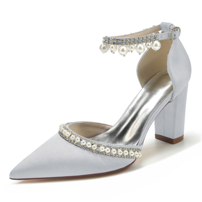 Argent Pointu Toe Pearl Rhinestone Ankle Strap Chunky Hee Pumps Chaussures de mariage