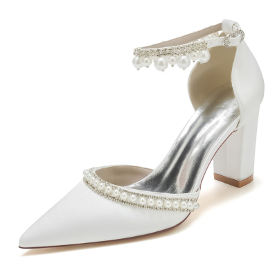 Blanc Bout Pointu Perle Strass Cheville Strap Chunky Hee Pompes Chaussures De Mariage