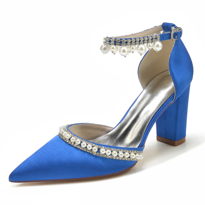 Bleu Royal Bout Pointu Perle Strass Cheville Sangle Chunky Hee Pompes Chaussures De Mariage