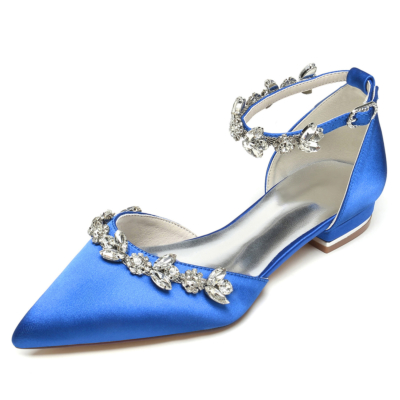 Chaussures plates de mariage à bout pointu et bride à la cheville en strass bleu royal